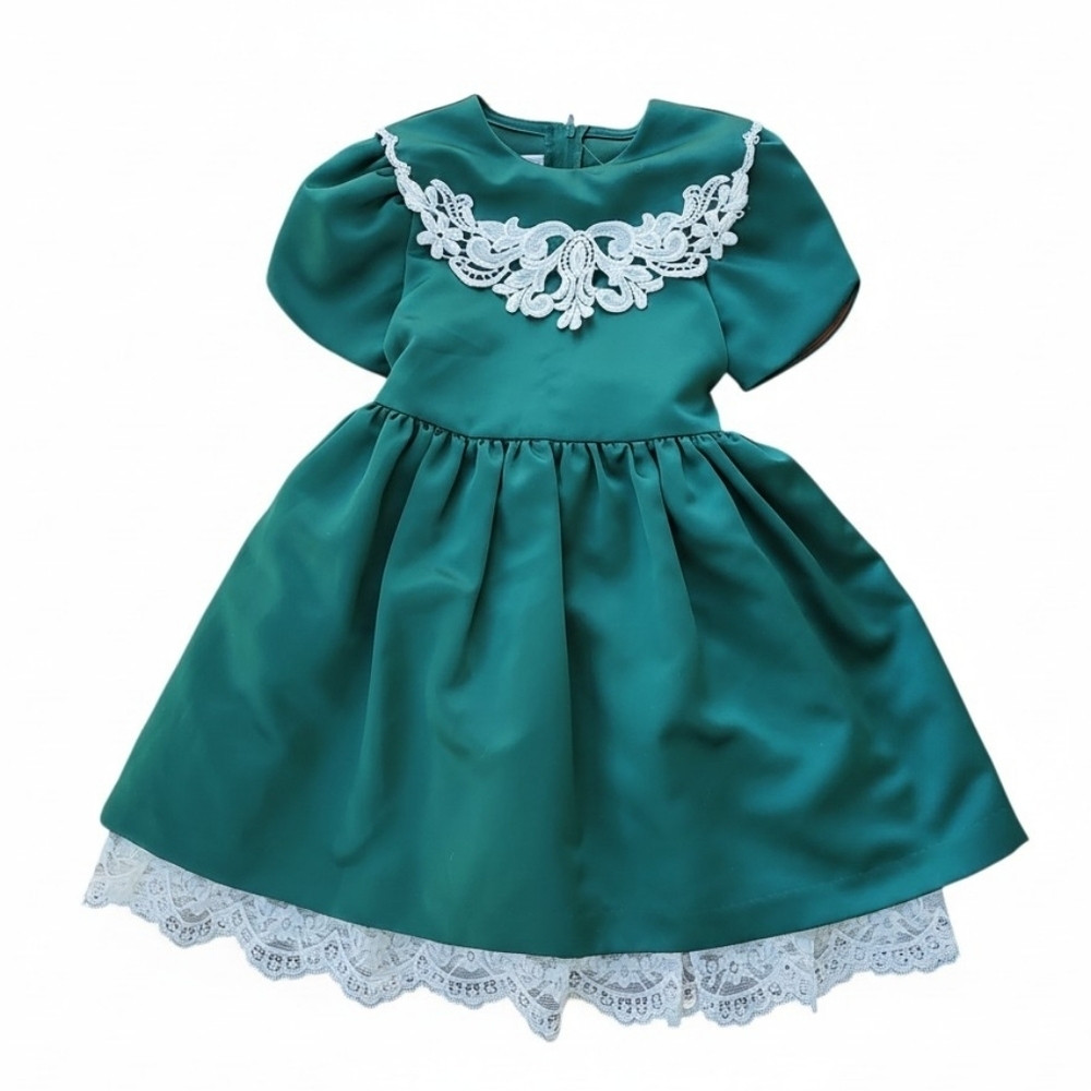 Vintage Jessica McClintock Emerald Green Satin Dress with White Lace Trim